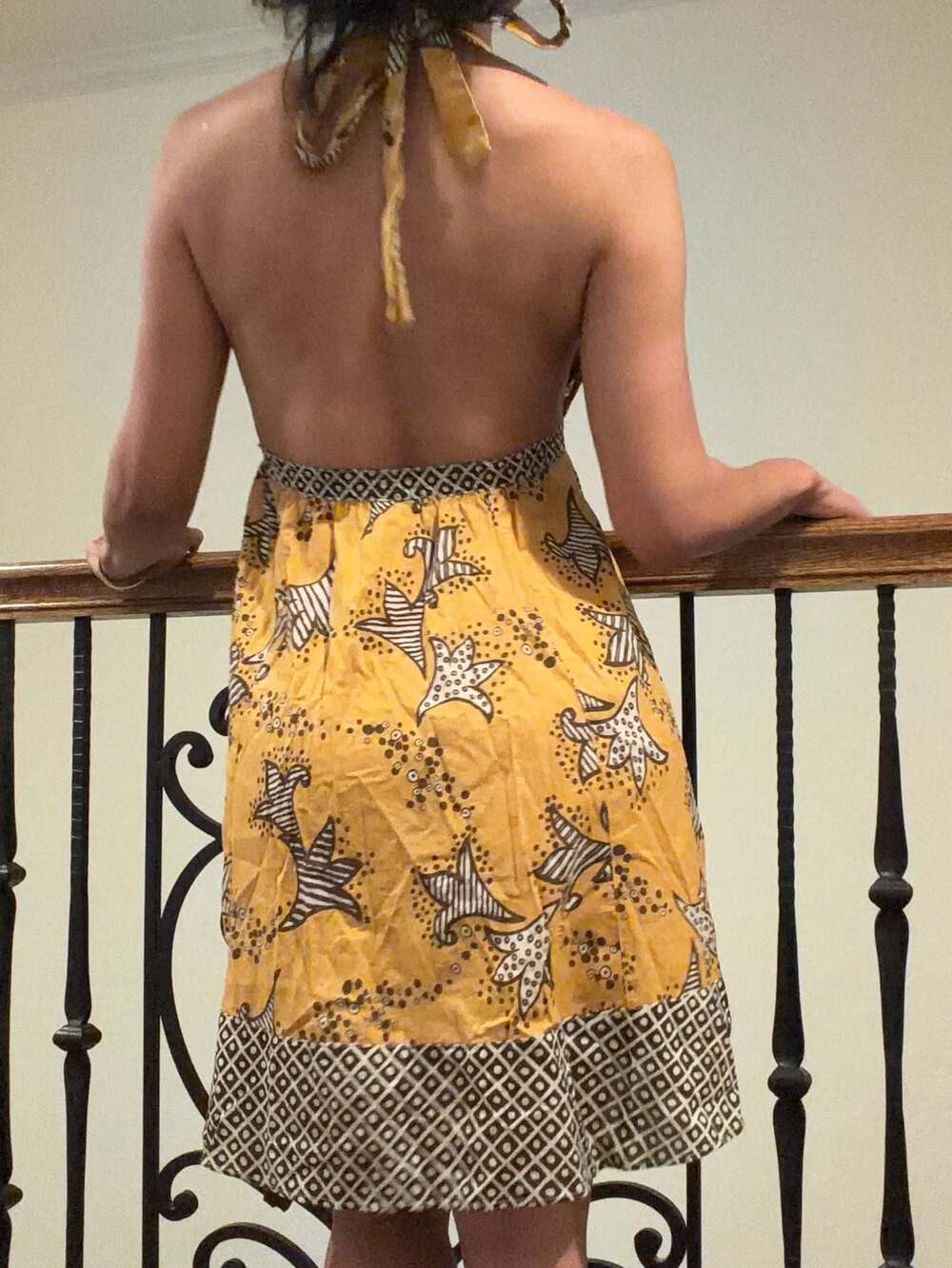 Crystal Candy 100% Cotton Yellow and Brown Star Pattern Halter Mini Dress